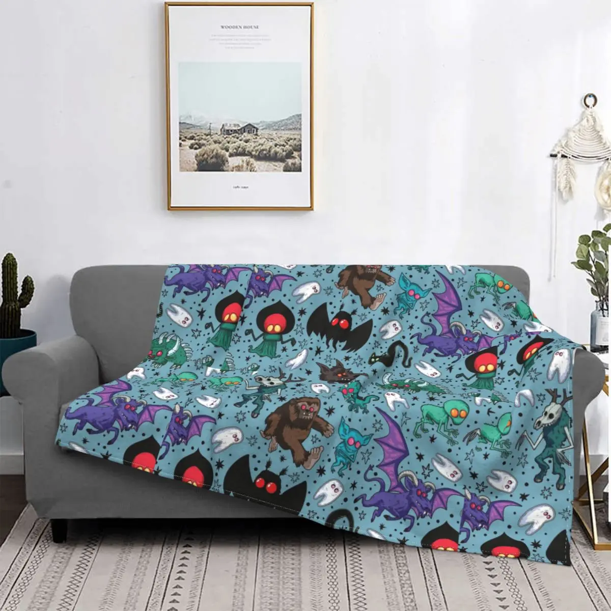 Bigfoot Mothman Cryptids Night Light Blue Blankets Fleece Soft Throw Blanket For Bed Bedspread