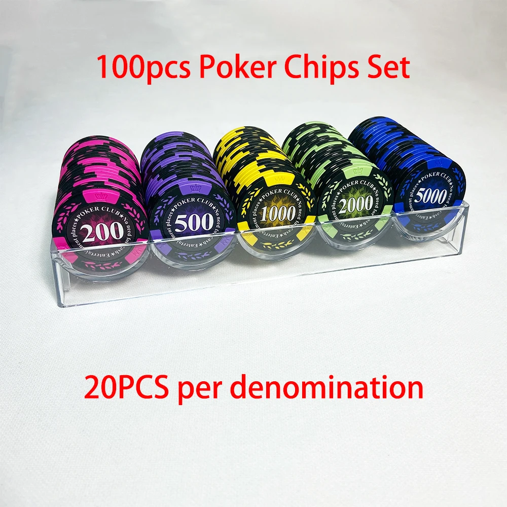 100pcs Clay Poker Chip Set 5 denominations each 20PCS Texas Hold'em Poker Chips Casino Card Games Baccarat Entertainment Coins 2