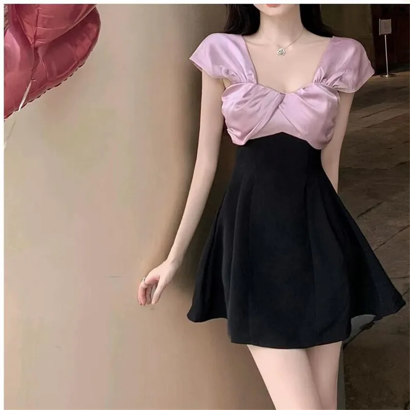 

French Color Contrast Patchwork Mini Dress cross front Sleeveless Slim A Line Party Dress 2024 New Spring Summer Short Skirt
