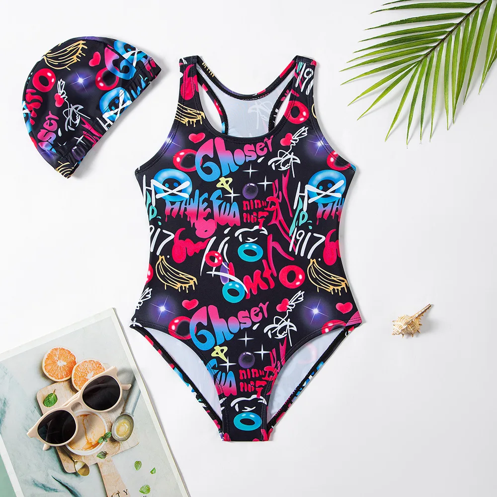 

Cool Girls Triangle One-piece Swimsuits 6-14 Years Teen Girls Swimwear Kids Beachwear Swimwear with Bathing Cap