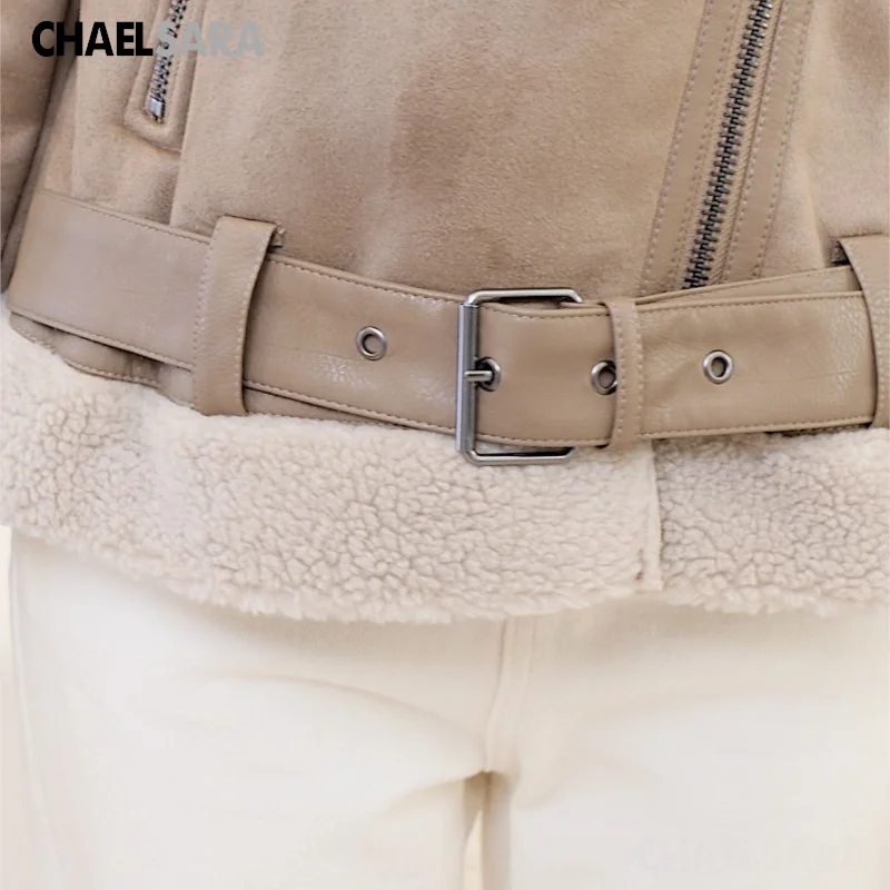 Women\'s Thick Warm Suede Lamb Jacket, Short Biker Jacket Belt Faux Leather Coats Casual Outwear Ladies Brown Black Winter 2024