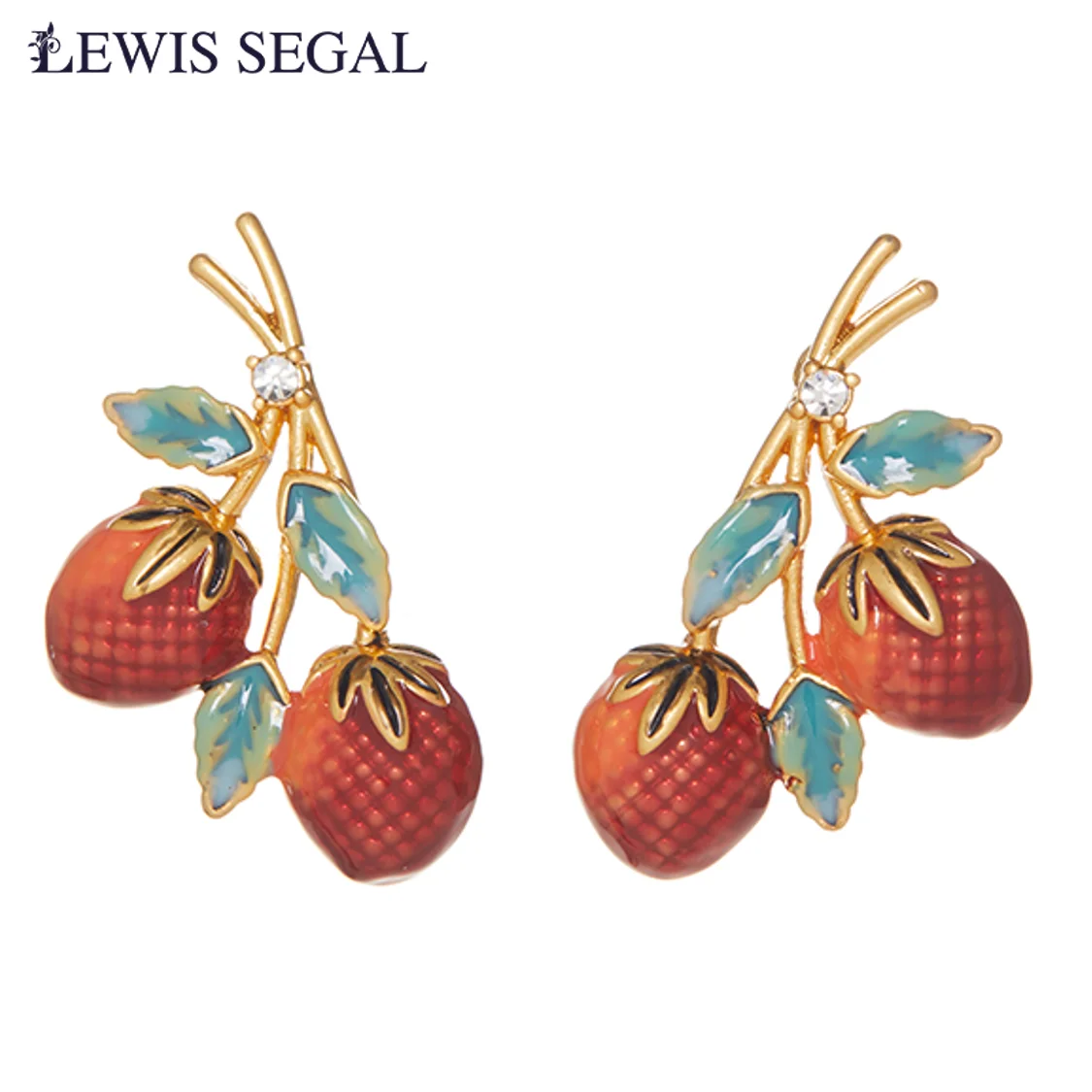 

LEWIS SEGAL Strawberry with leaves Enamel Earrings for Women Sparkling Rhinestone Vintage Fine Jewelry 18K Gold Plated