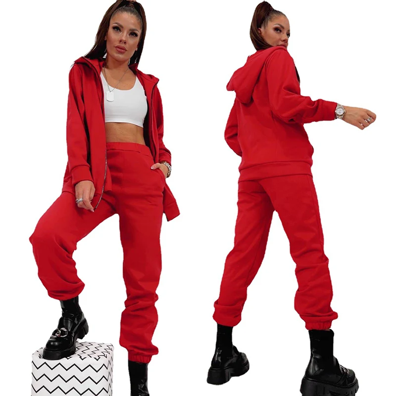 

Women's Autumn New Fashion Solid Hooded Lady Sweater Fashion Casual Solid Color Two Piece Set Zipper Loose Fit Sports Clothes
