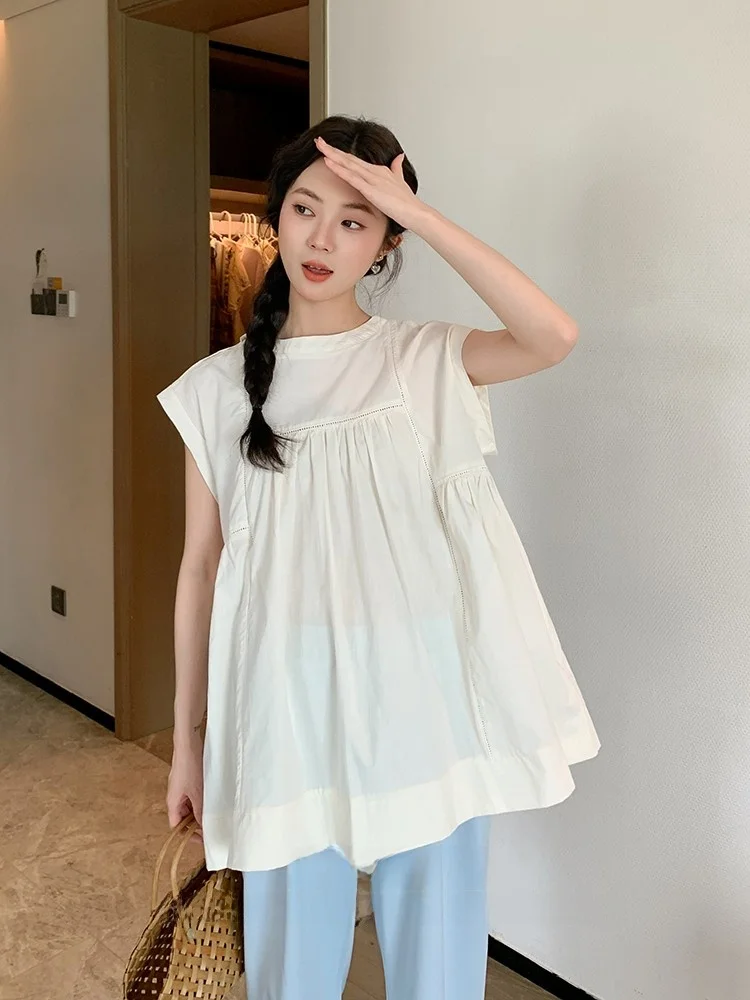 여름 신상 임산부 레이스 트림 스플라이스 민소매 오버헤드 배 가리개 안티에이징 코튼 블렌드 라운드넥 베이직 팩