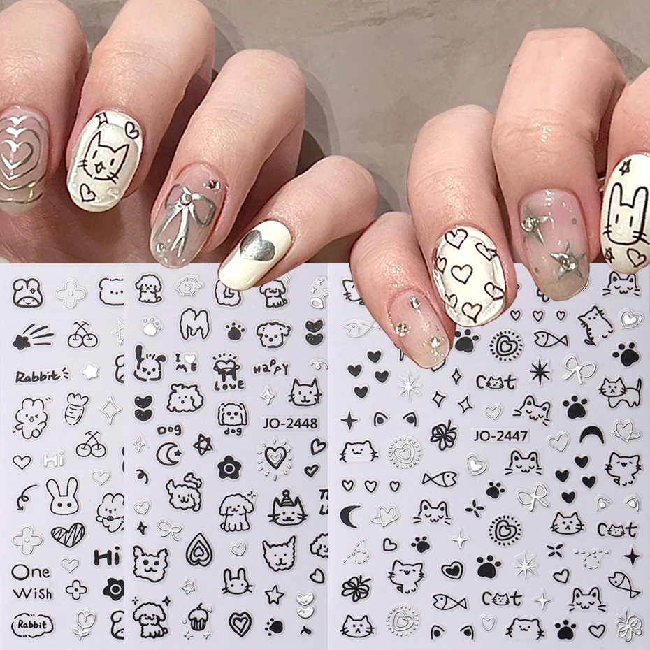 2Pcs Cartoon Cute Cat Nail Childlike Stickers Holographic Love Heart Bronzing Star Sliders Silver Chrome Nail Art Manicure Decor 2