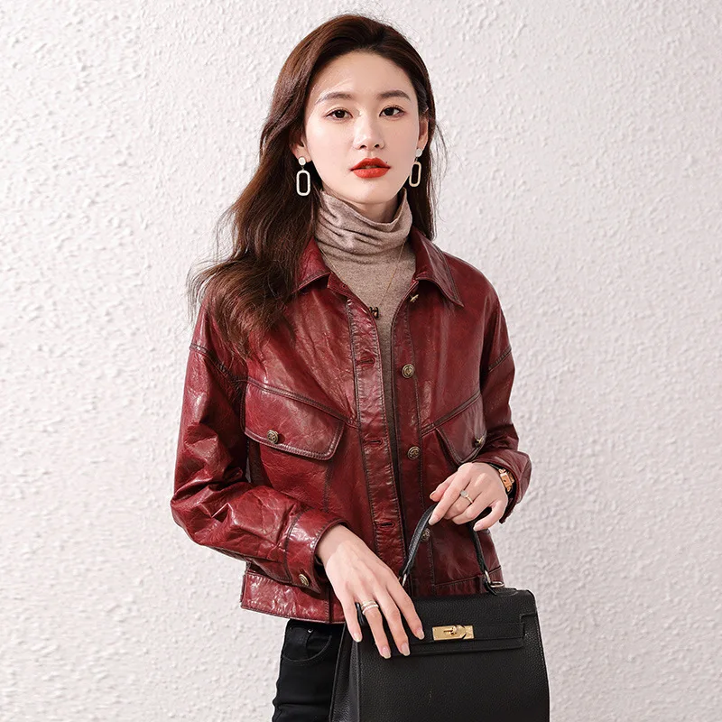 

Spring And Autumn New Genuine Leather Coat Women's Short Oil Wax Sheepskin Casual Flip Collar Motorcycle Leather Coat Ja