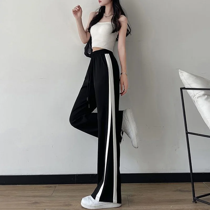 2023 Spring and Summer Korean Edition Fashion Youth Vitality High Waist Slimming Stripe Casual Sports Oversized Wide Leg Pants