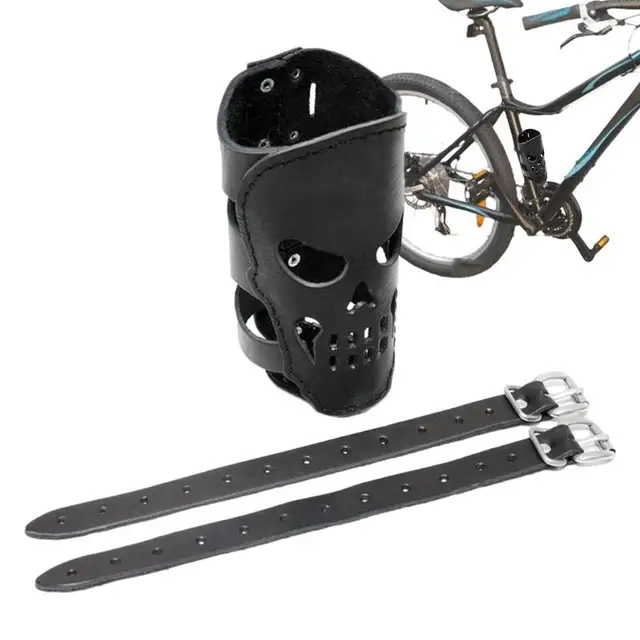 Motorcycle Biker Drink Holder PU Leather Skull Shape Universal Coffee Water Bottle Cup Holder With 2 Straps For Bicycles Bikes 2