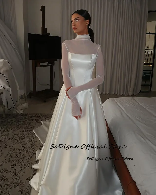 SoDigne A-line Satin Wedding Dresses High Neck Full Sleeves Bridal Dress Simple Long Wedding Gown Robe De Mairee ﻿Customized 5