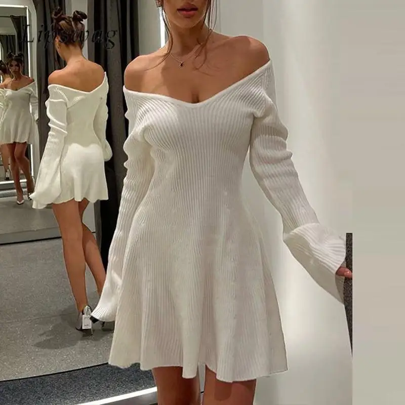 

2024 Elegant Solid Color Rib Waisted Bottoming Dress Sexy V-neck Long Sleeve A-line Mini Dress Autumn Ladies Daily Knitted Dress