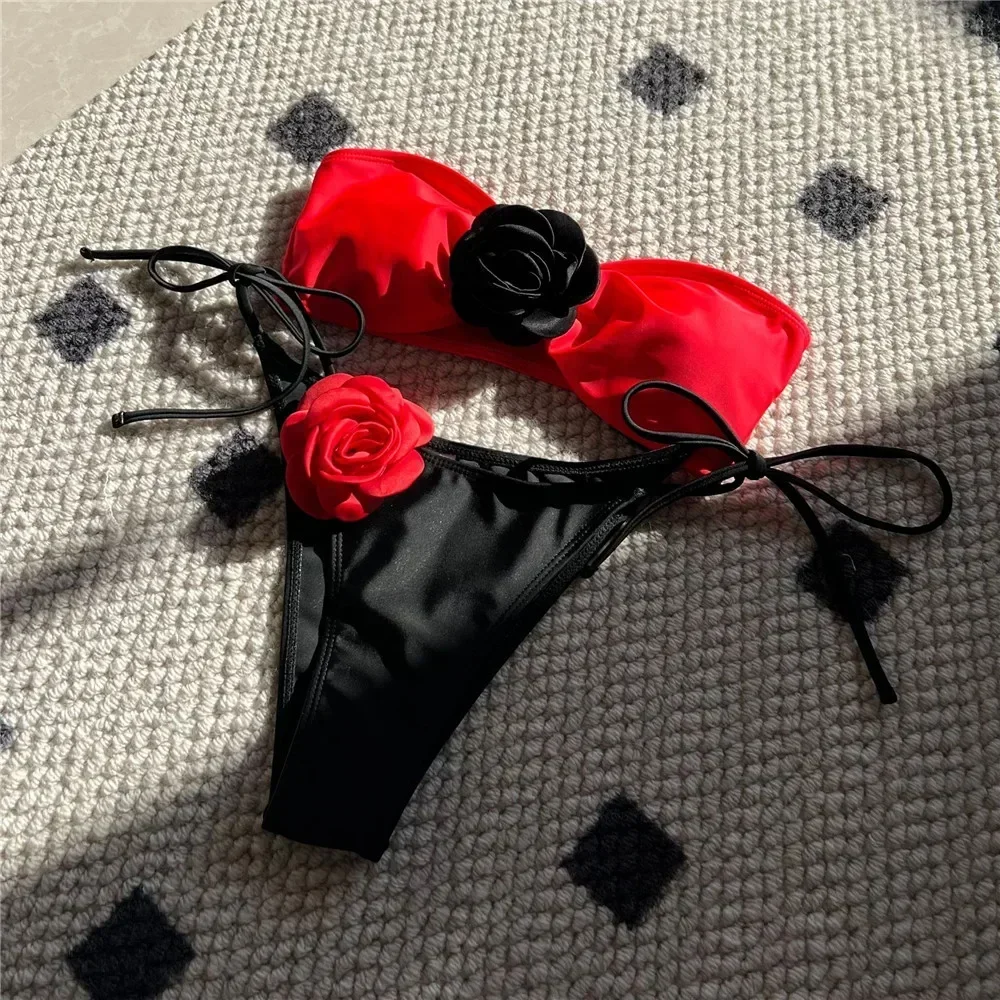 Floral Lace-up Thong Bikini Set - Sexy Brazilian Swimsuit