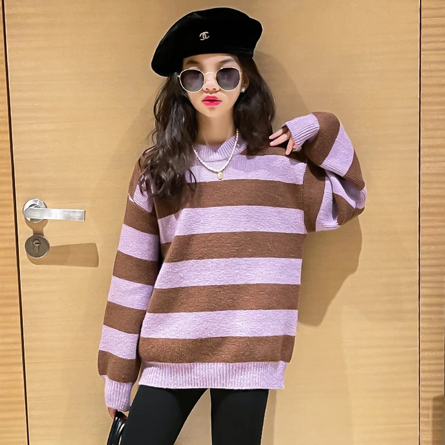 Girls Sweaters Fashion Stripe Thicken Knit Pullover Tops For Kids 10 12  Years Casual O-neck Purple Teenagers Children Clothes - Sweaters -  AliExpress