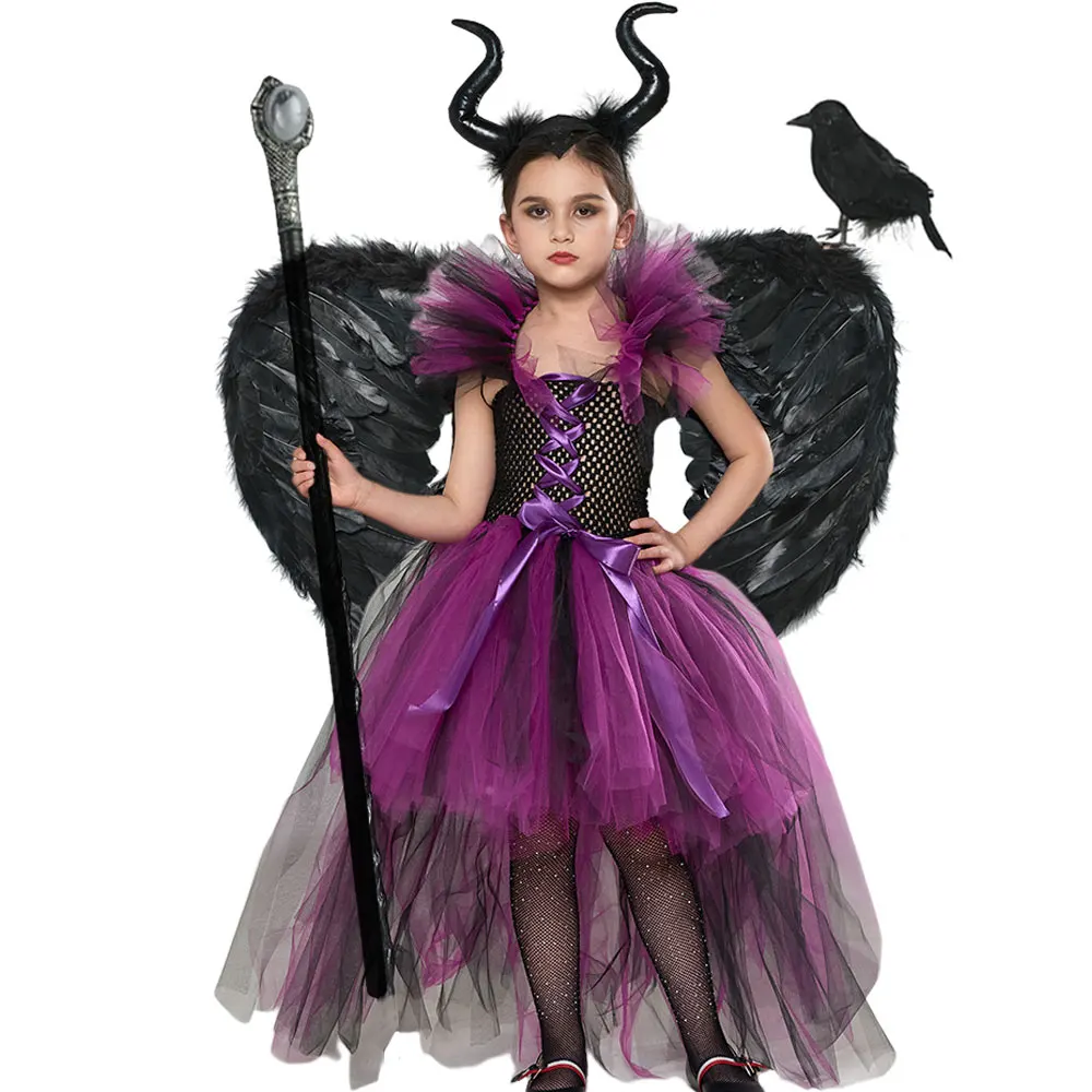 

Disney Maleficent Costume Deluxe Girls Halloween Carnival Party Black Trailing Mesh Dress Kids Cosplay Demon Queen Witch Clothes