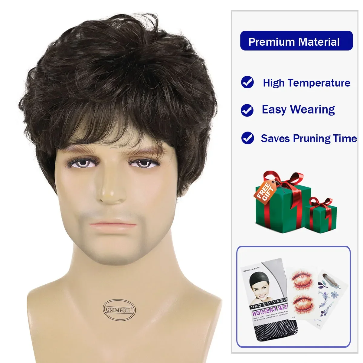 GNIMEGIL Synthetic Male Curly Wigs Short Haircuts Brown Color Hair with Bangs Fashion Hairstyles Handsome Wigs Cosplay Daddy Wig