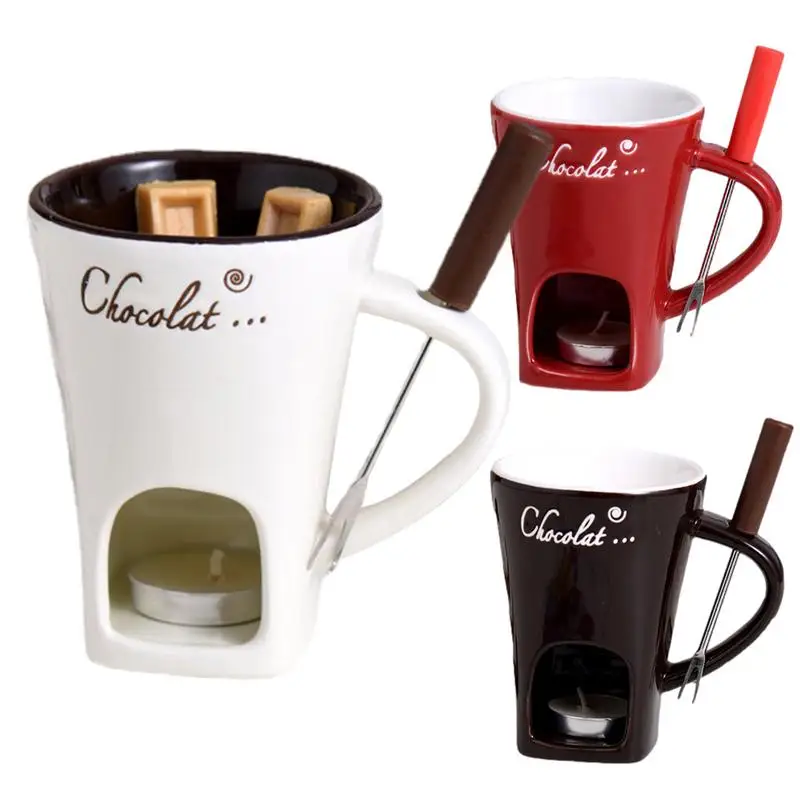 

Chocolate Fondue Mugs 130ml Ceramic Butter Warmer with Fondue Fork Multi-Purpose Chocolate Melting DIY Supplies Mugs Set