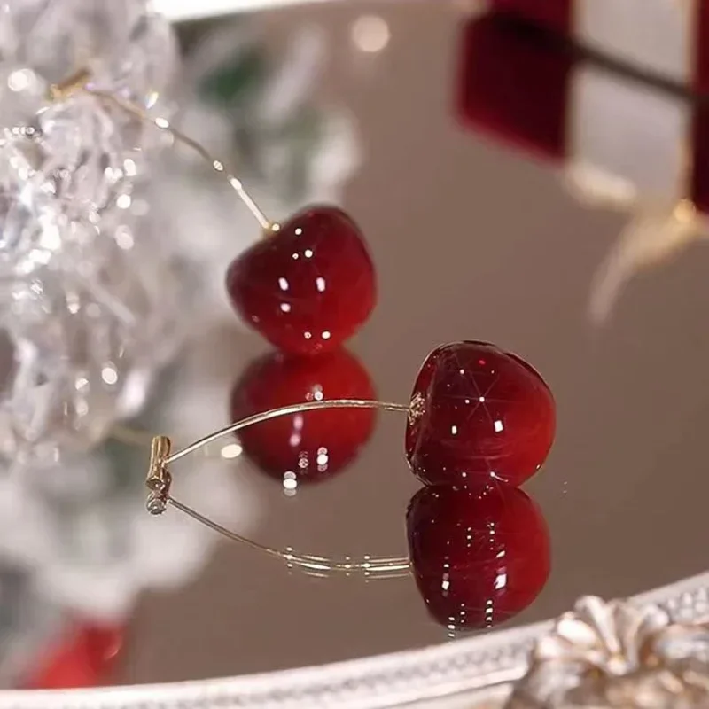 Small Fresh Sweet Red Cherry Earrings Cherries Pendant Earrings for Women Fruit Earrings Stainless Steel Earring Charm Jewelry
