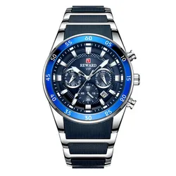 REWARD Luxury Sport Chronograph Waterproof Men's Watch with Big Dial and Automatic Date (Silver Blue)