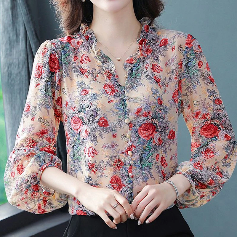 Elegant Female Blouses Floral Print V-neck Thin Puff Three Quarter Sleeve Shirt And Blouses Top Women's Clothing Trend 2024 New