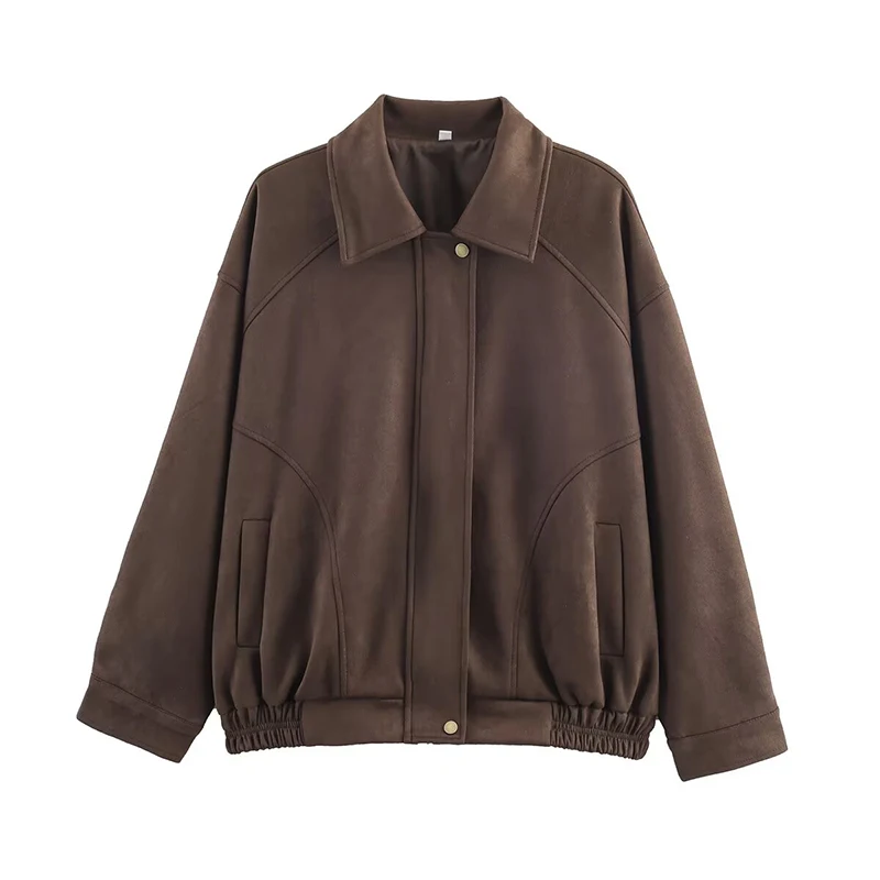Women Vintage Suede Jacket 2025 New Autumn Fashion Long Sleeve Zipper Bomber Jacket Female High Street Casual Loose Coat