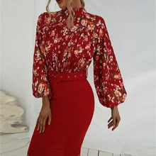 

Summer Women's Party Dresses 2022 New Long Bubble Sleeve Printed Hip Wrap Midi Dress Elegant Slim Floral Dress High Waist