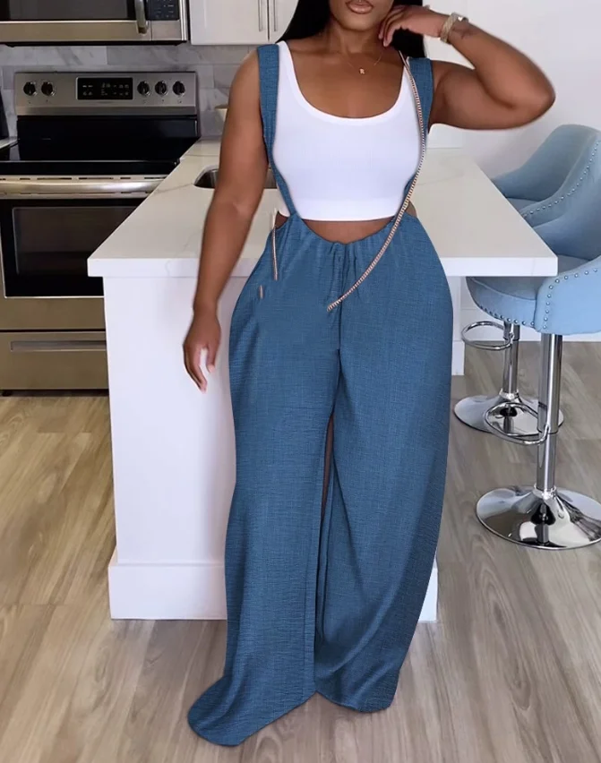 Women's Leisure Jumpsuit 2024 Spring/summer Latest Casual Solid Color Sleeveless Drawing Wide Leg Suspender Romper Bodysuit