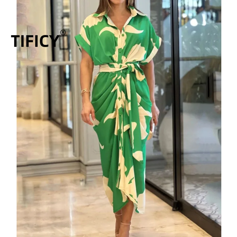 

Women's Style Printed Shorts Sleeves Dresses Female Summer Commuting High Waist Irregular Mid Length Shirt Dress