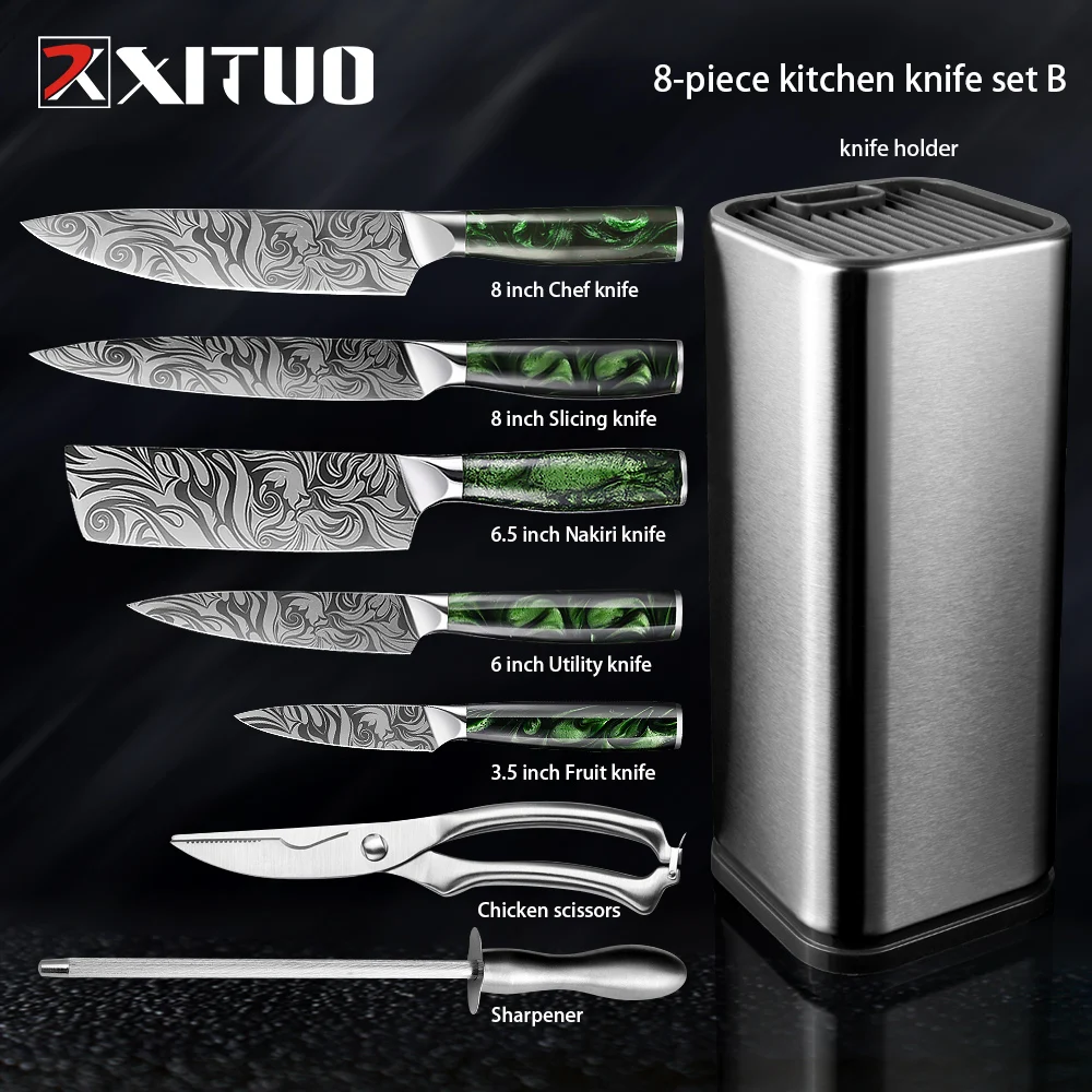 Knife Sets Stainless Steel With Sharpening 15 piece Acrylic Stand Steak Knives  Set Professional Chef Knife and Scissors for Kitc - AliExpress