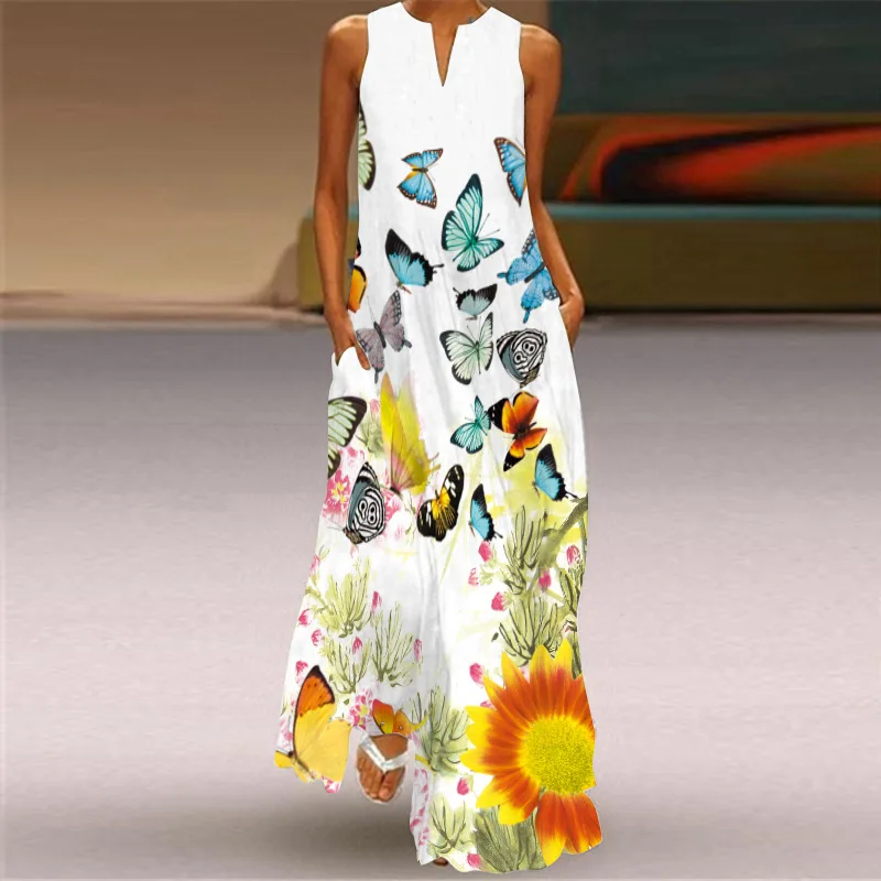 

Elegant Bohemian Vacation Long Dress 2024 New Summer Women's Sleeveless Maxi Dresses V-neck Printed Floral Dress Vestidos
