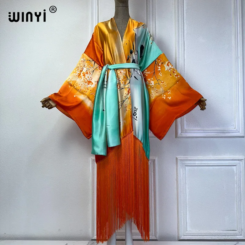 

WINYI kimono boho summer dress beachwear summer bohemian print Bikini Cover-up Cardigan sexy Holiday long Sleeve tassels dress