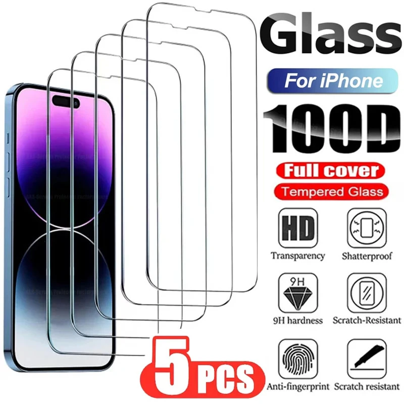 5Pcs Tempered Glass for IPhone 14 13 12 11 Pro Max Screen Protector for ...