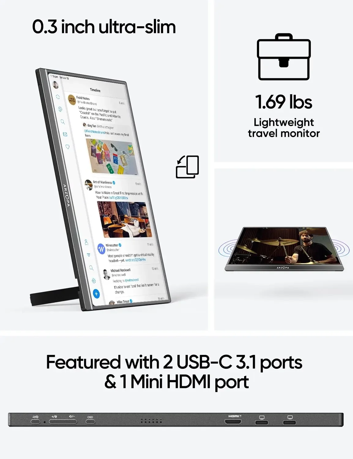 ARZOPA 17.3 ġ FHD ޴ , 1080p ܺ ÷, IPS ȭ, USB C HDMI ̹ , PC ޴  Xbox PS5 ġ