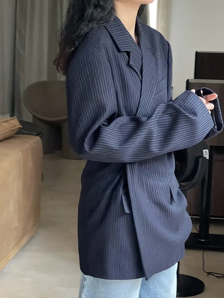 [LANMREM] Fashion Striped Loose Blazers For Women Asymmetric Single Breasted Design Fashion Jackets 2024 Spring New 26D2884