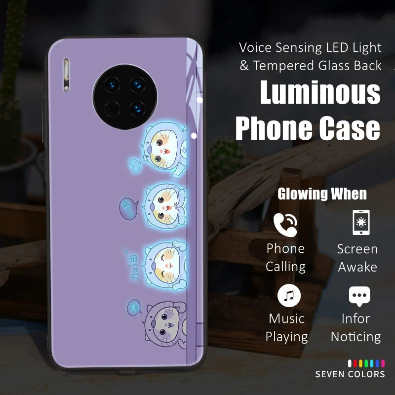 Cute Cats Colorful LED Light Glow Luminous Tempered Glass Phone Case for OnePlus 6 6T 7 7T 8 8T 9 9R 10 Ace Nord N20 N200 Pro