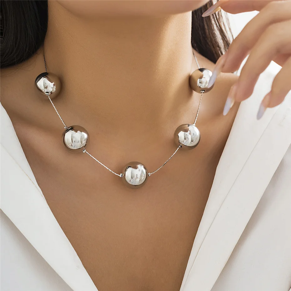 Creative Silver Color Big Ball Bead Choker Necklace for Women Trendy Punk Goth Thin Chain Accessories Grunge Jewelry Steampunk