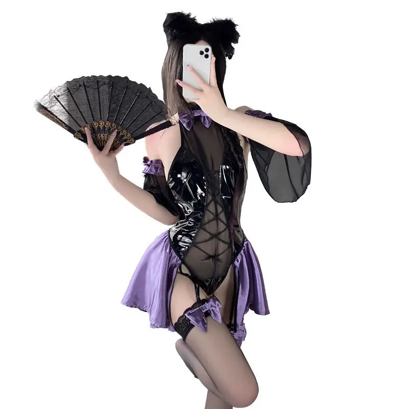 Genshin Impact Fischl Cosplay Sexy Maid Dress Nightwear Lolita Girls Backless Halter Latex Leather Bodysuit Lingerie Set
