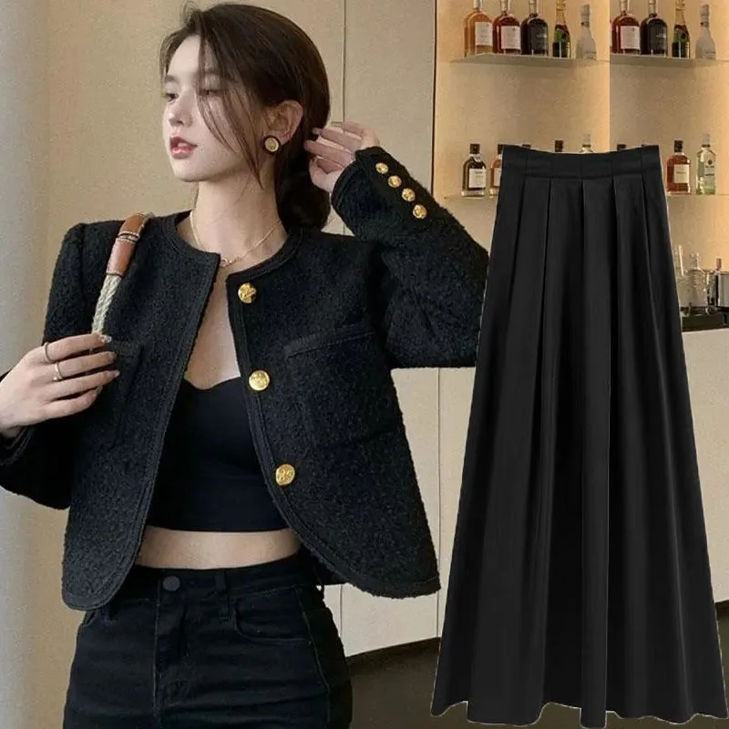 

UNXX Korean Fashion Tweed 2 Two Piece Set Womens Outfits 2024 Autumn Long Sleeve Short Jacket + A-line Long Skirt Suits Vintage