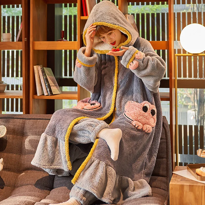 

Dinosaurs Flannel Hooded Fleece Bathrobe Pajamas Set Nightwear Winter Women Warm Thick Coral Velvet Home Wear Pants Sleepwear