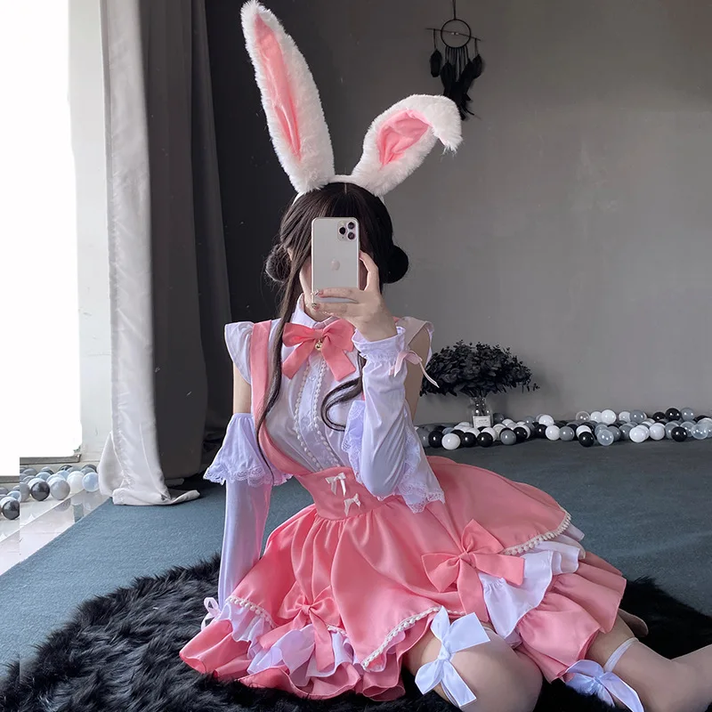 Sweet Pink Lolita Dress Japanese Kawaii School Girl Maid Cosplay Costumes Bunny Role Play Halloween Waitress Uniform
