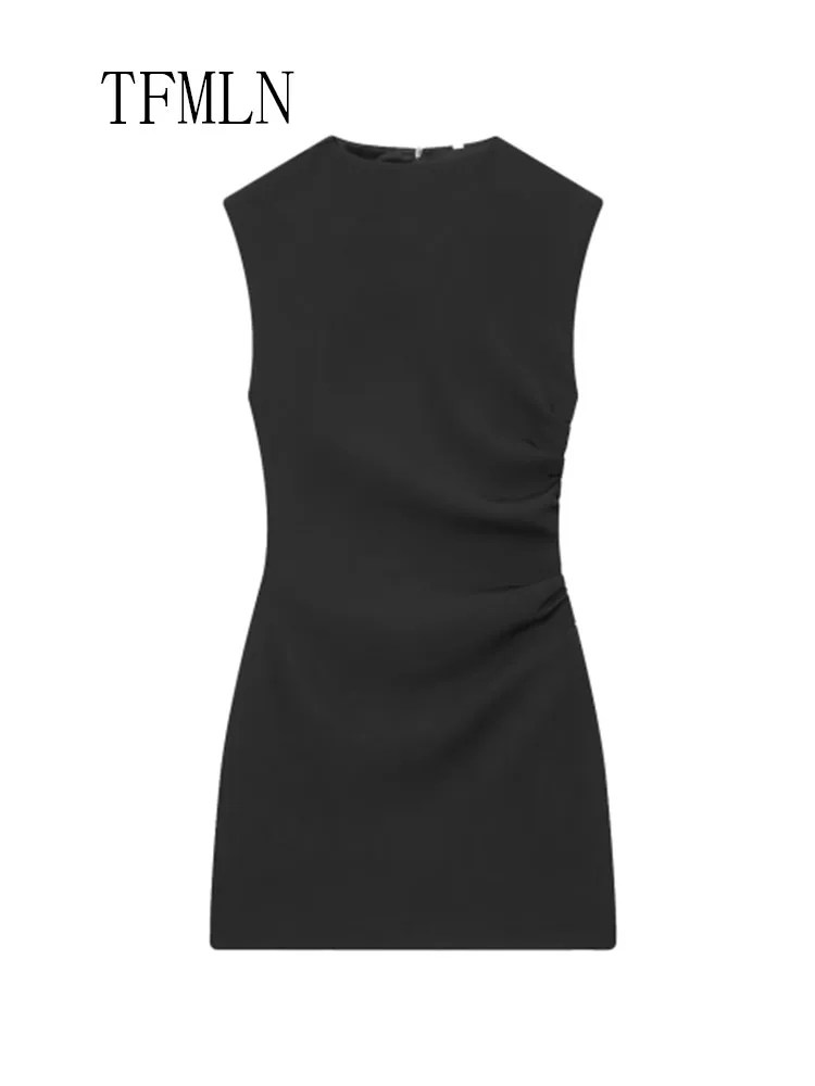 Fashion Striped Pleated Mini Dresses For Women 2026 Spring Elegant O-neck Sleeveless Slim Causal Dress Retro Back Zipper Dress