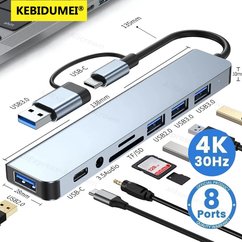 High-Speed USB 3.0 Multiport Hub and Docking Station with TF/SD Card Reader
