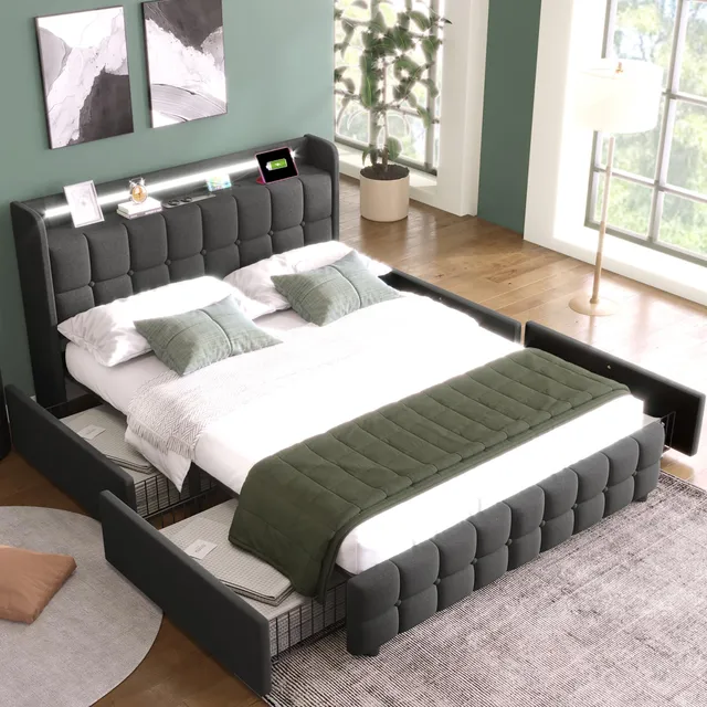 160x200cm Double Bed, Upholstered Bed Wooden Slatted Frame Gray Linen Cover with USB Charging, LED Lighting and 4 Drawers - Image 2