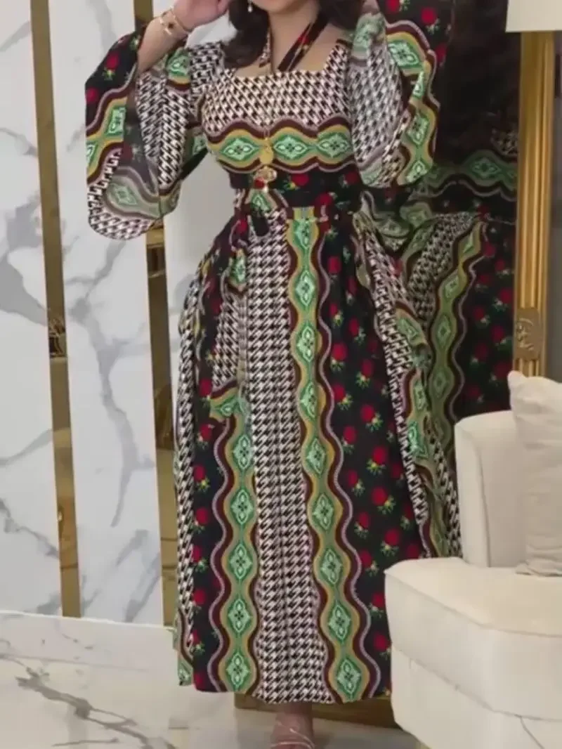 Muslim Middle East Printed Kraftan Robes Vintage Flare Sleeves Halter Elegant Women Dubai Abaya Party Dresses