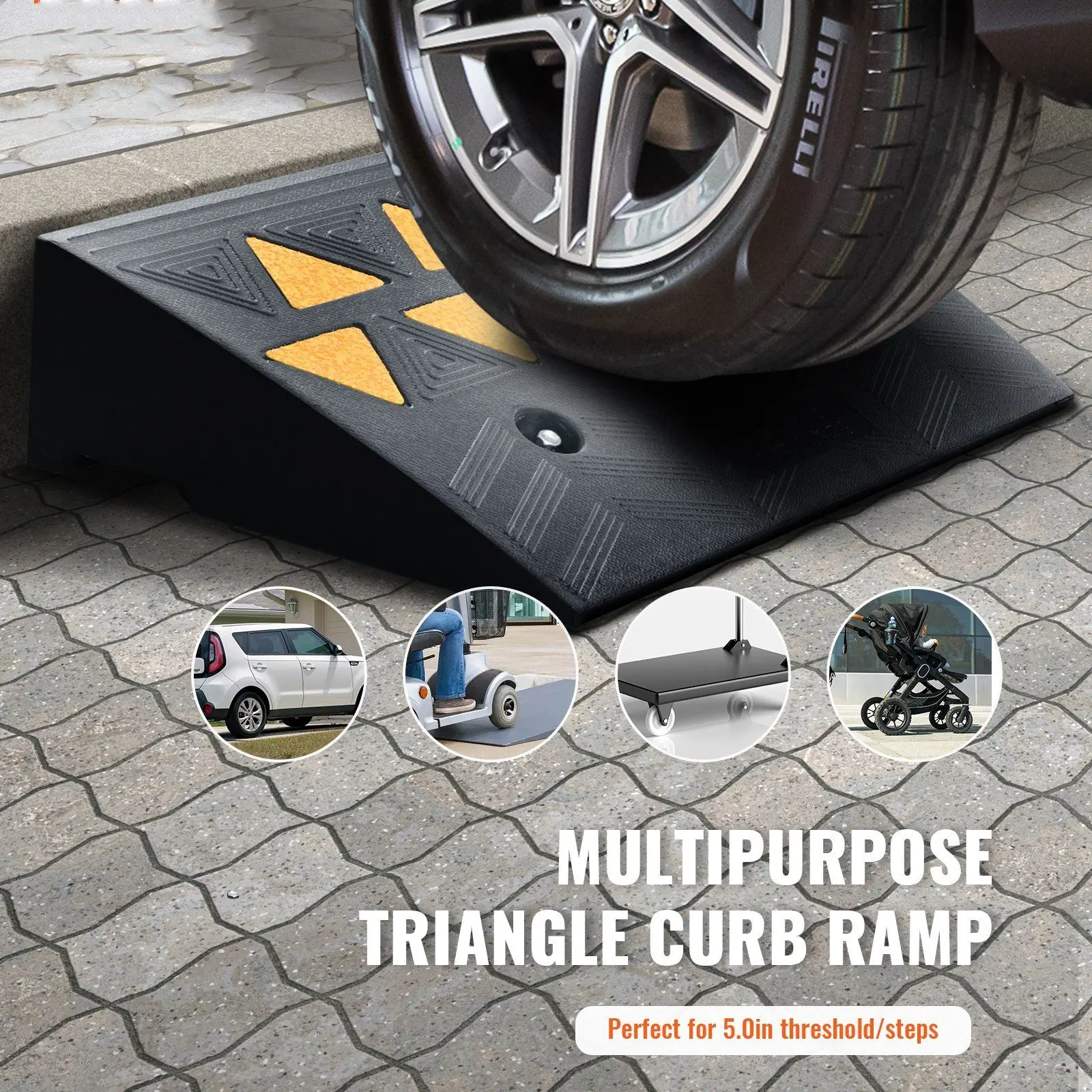 Rubber Curb Ramp 2 Pack, 5" Rise Height Heavy-Duty 33069 lbs/15 T Capacity Threshold Ramps, Wheelchairs, Bikes, Motorcycles