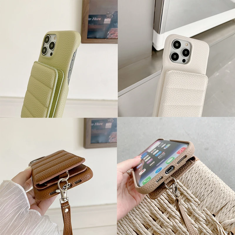 Luxury Litchi Patterned Shockproof PU Leather Wrist Strap Wallet Phone Case