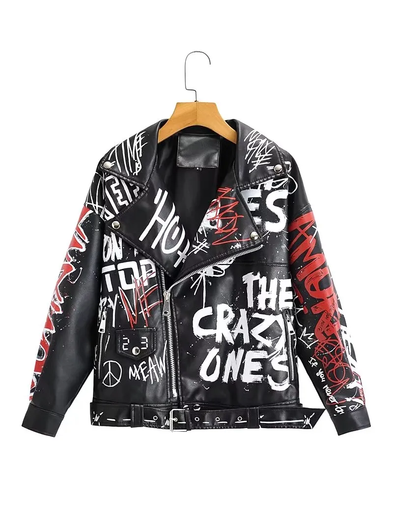 2025 Women Autumn Winter Faux Soft Leather Jackets Coats Lady White Black PU Rivet Zipper Epaulet 3D Print Motorcycle Streetwear