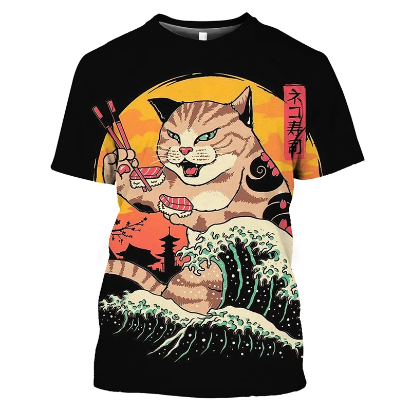 

Japan Samurai Cat Graphic T Shirts Cool Classic Art Style Men's and Women's Printing Tees Fashion O-neck Short Sleeve Loose Tops