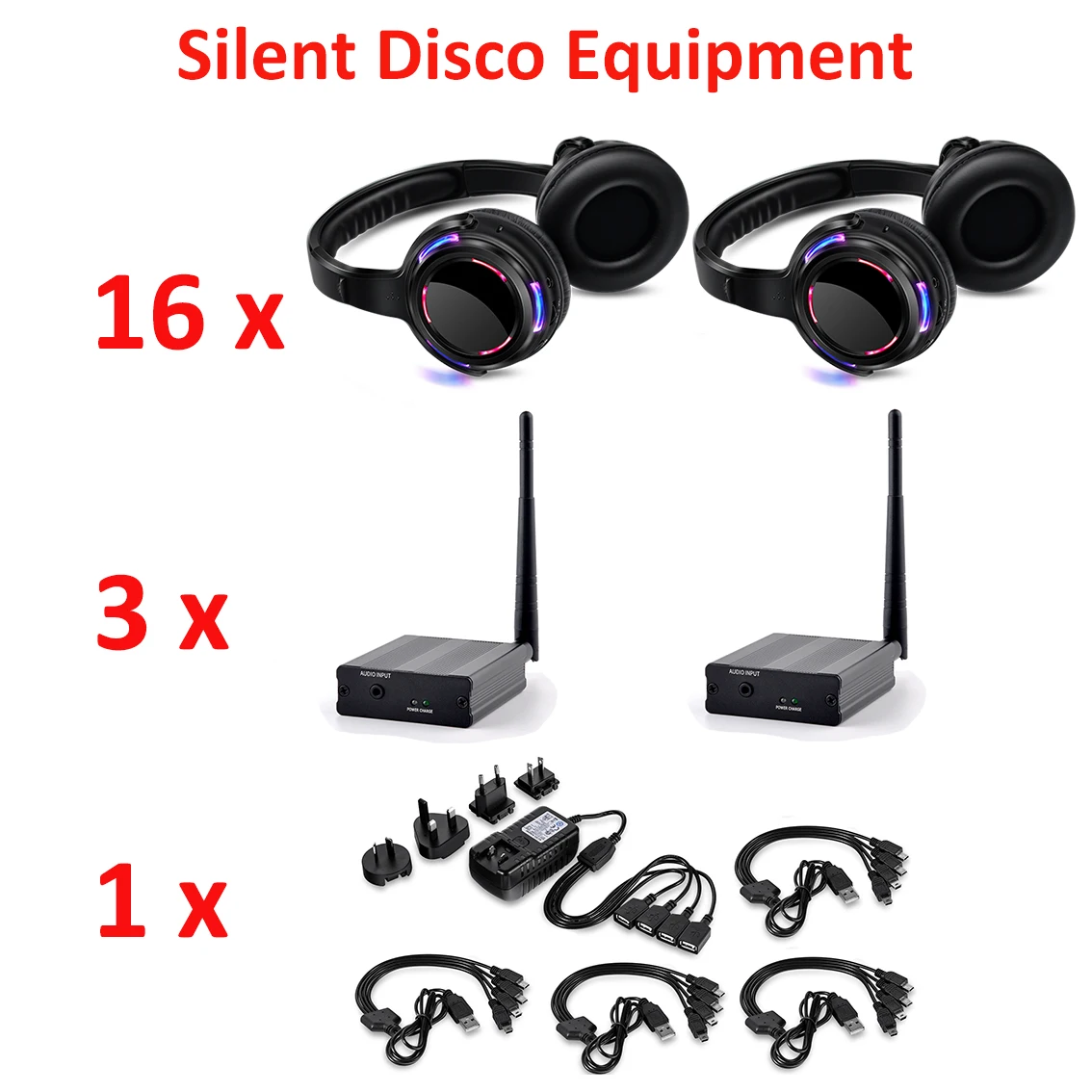 

Silent Disco Headset Party System LED Flashing Headphones 16pcs with 3 CH 500M Transmitters- RF Wireless For iPod MP3 DJ Music