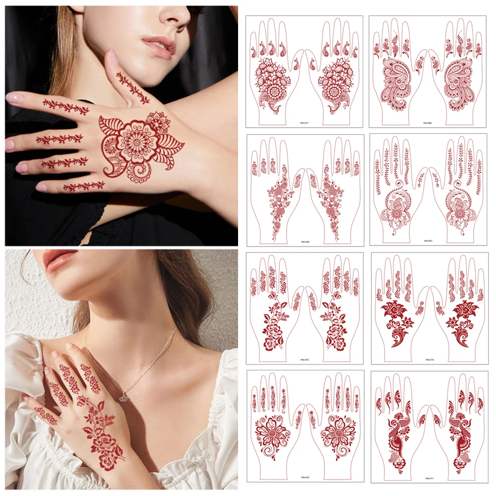 Tatuajes marrones de Henna a prueba de agua para mujer, tatuajes temporales de mano, tatuaje falso, arte corporal, flor, pegatina de tatuaje,