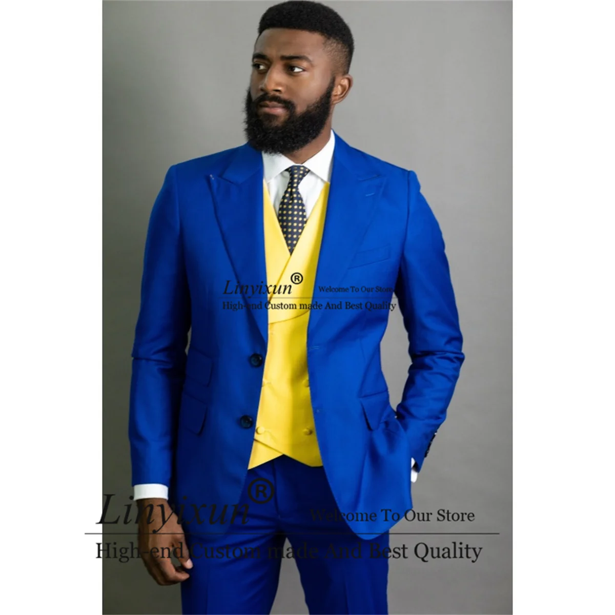 

Royal Blue Mens Suits Peak Lapel Wedding Groom Tuxedos 3 Pieces Set Business Male Prom Blazer With Yellow Waistcoat Pants Outfit