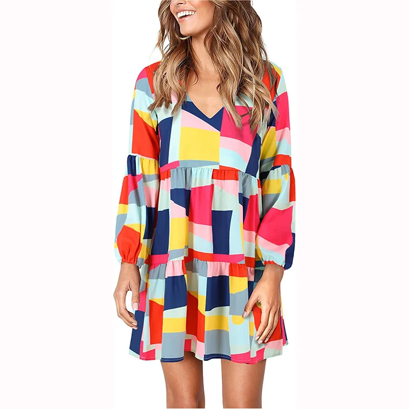 

Female A-line Dress Spring Autumn New Long Sleeve V-neck Print High Waist Fashion Elegant Casual Loose Commute Women Dress